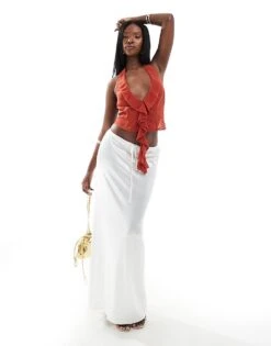 Kaiia Ruffle Chiffon Halterneck Top And Maxi Skirt Co-ord In Rust