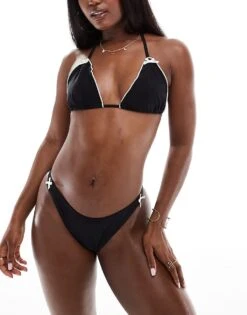 Kaiia Contrast Bow Detail Triangle Bikini Top And Bottoms Co-ord In Black