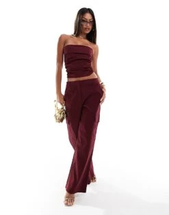 Kaiia Exclusive Bandeau Foldover Top And Wide Leg Trousers Co-ord In Dark Burgundy