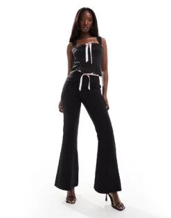 Kaiia Square Neck Bow Detail Split Front Top And Trousers Co-ord In Black