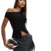 Kaiia Slinky Off Shoulder Button Detail Side Split Top In Black For Women -Kaiia Online Shop 206829050 1 black