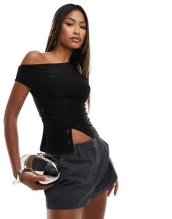 Kaiia Slinky Off Shoulder Button Detail Side Split Top In Black For Women