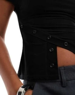 Kaiia Slinky Off Shoulder Button Detail Side Split Top In Black For Women -Kaiia Online Shop 206829050 4