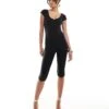 Kaiia Slinky Scoop Neck Rose Detail Cap Sleeve Capri Unitard In Black For Women -Kaiia Online Shop 206829081 1 black