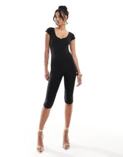 Kaiia Slinky Scoop Neck Rose Detail Cap Sleeve Capri Unitard In Black For Women
