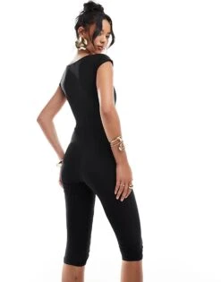 Kaiia Slinky Scoop Neck Rose Detail Cap Sleeve Capri Unitard In Black For Women -Kaiia Online Shop 206829081 3
