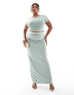 Kaiia Plus Slinky Wide Neck Top And Maxi Skirt Co-ord In Sage - LGREEN