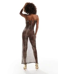 Kaiia Sheer Mesh Cowl Neck Maxi Dress In Leopard For Women -Kaiia Online Shop 206829215 4