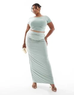 Kaiia Plus Slinky Wide Neck Top And Maxi Skirt Co-ord In Sage - LGREEN -Kaiia Online Shop 206829350 1 sage 1