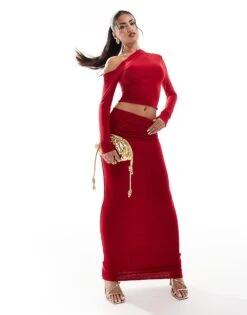 Kaiia Slinky Off Shoulder Long Sleeve Top And Maxi Skirt Co-ord In Red