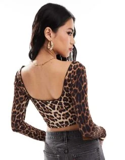 Kaiia Slinky Scoop Neck Low Back Bow Detail Top In Leopard Print For Women -Kaiia Online Shop 206829591 4