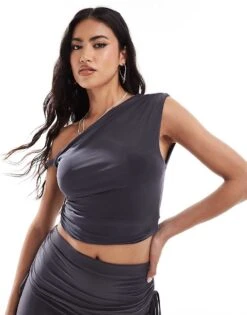 Kaiia Slinky Off Shoulder Top And Ruched Maxi Skirt Co-ord In Charcoal -Kaiia Online Shop 206829601 1 slategrey 1