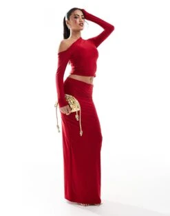 Kaiia Slinky Off Shoulder Long Sleeve Top And Maxi Skirt Co-ord In Red -Kaiia Online Shop 206829618 1 red