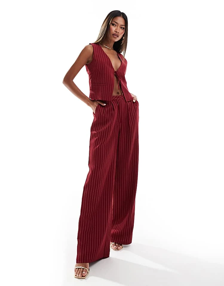 Kaiia Tie Front Waistcoat And Trousers Co-ord In Burgundy Pinstripe 3 Kaiia Tie Front Waistcoat And Trousers Co-ord In Burgundy Pinstripe