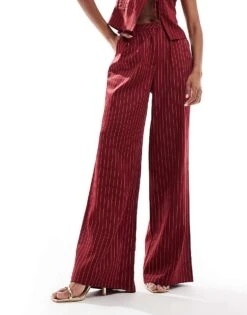 Kaiia Tailored Wide Leg Trousers Co-ord In Burgundy Pinstripe For Women -Kaiia Online Shop 206842128 3