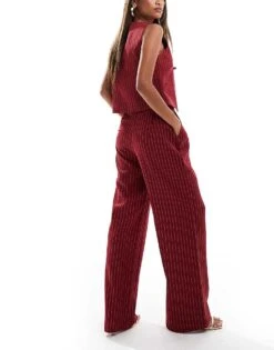 Kaiia Tailored Wide Leg Trousers Co-ord In Burgundy Pinstripe For Women -Kaiia Online Shop 206842128 4