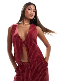 Kaiia Tie Front Waistcoat And Trousers Co-ord In Burgundy Pinstripe 9 Kaiia Tie Front Waistcoat And Trousers Co-ord In Burgundy Pinstripe -Kaiia Online Shop 206842129 1 burgundypinstripe 1