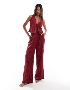 Kaiia Tie Front Waistcoat Co-ord In Burgundy Pinstripe For Women -Kaiia Online Shop 206842129 3