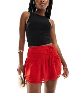 Kaiia Ruffle Hem Tie Detail Mini Skirt In Red For Women -Kaiia Online Shop 206850206 1 red 1