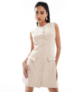 Kaiia Tailored Pocket Detail Button Through Sleeveless Mini Dress In Stone For Women