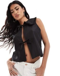 Kaiia Sleeveless Frill Collar Detail Tie Front Top In Black For Women -Kaiia Online Shop 206850245 1 black 1