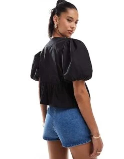 Kaiia Puff Sleeve Tie Front Top In Black For Women -Kaiia Online Shop 206850246 4