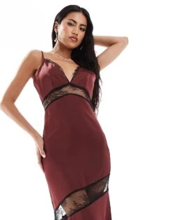 Kaiia Lace Insert Satin Cami Maxi Dress In Burgundy For Women -Kaiia Online Shop 206850285 1 burgundy 1