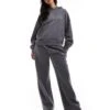 Kaiia Embroidered Logo Wide Leg Joggers Co-ord In Charcoal For Women Dark Grey