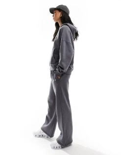 Kaiia Embroidered Logo Wide Leg Joggers Co-ord In Charcoal For Women Dark Grey -Kaiia Online Shop 206853725 3