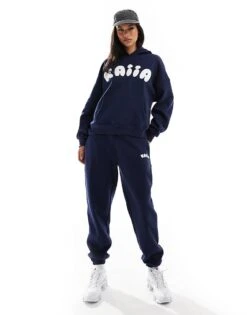 Kaiia Bubble Logo Cuffed Leg Joggers Co-ord In Navy For Women -Kaiia Online Shop 206853727 1 navy 1