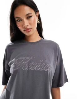 Kaiia Oversized Embroidered Logo T-shirt Co-ord In Charcoal For Women Dark Grey