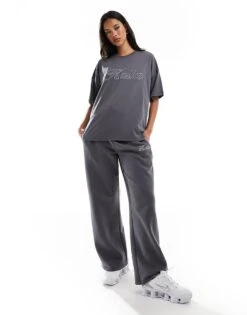 Kaiia Oversized Embroidered Logo T-shirt Co-ord In Charcoal For Women Dark Grey -Kaiia Online Shop 206853728 3