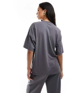 Kaiia Oversized Embroidered Logo T-shirt Co-ord In Charcoal For Women Dark Grey -Kaiia Online Shop 206853728 4