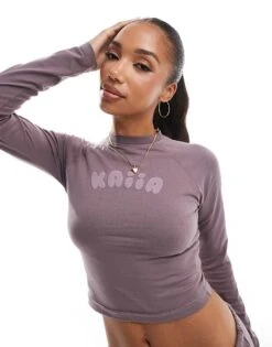 Kaiia Bubble Logo Cropped Long Sleeve Top Co-ord In Purple For Women