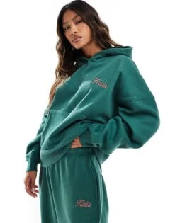 Kaiia Pink Logo Oversized Hoodie Co-ord In Dark Green For Women