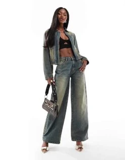 Kaiia Denim Wide Leg Jeans Co-ord In Dark Blue Bleach Wash For Women Washed Blue -Kaiia Online Shop 206853883 1 washedblue 1