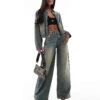 Kaiia Denim Wide Leg Jeans Co-ord In Dark Blue Bleach Wash For Women Washed Blue -Kaiia Online Shop 206853883 1 washedblue