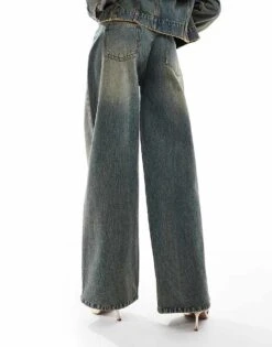Kaiia Denim Wide Leg Jeans Co-ord In Dark Blue Bleach Wash For Women Washed Blue -Kaiia Online Shop 206853883 3