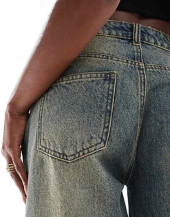 Kaiia Denim Wide Leg Jeans Co-ord In Dark Blue Bleach Wash For Women Washed Blue -Kaiia Online Shop 206853883 4