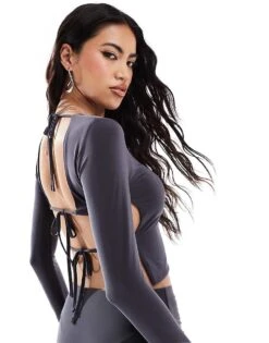 Kaiia Slinky Long Sleeve Tie Back Top And Midi Skirt Co-ord In Charcoal -Kaiia Online Shop 206854803 1 darkgrey 1