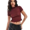 Kaiia Mesh Roll Neck Fitted Short Sleeve Top In Burgundy For Women -Kaiia Online Shop 206854840 1 burgundy