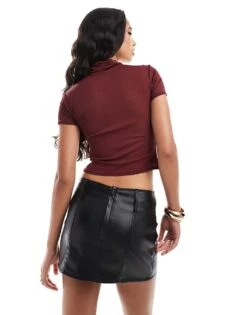 Kaiia Mesh Roll Neck Fitted Short Sleeve Top In Burgundy For Women -Kaiia Online Shop 206854840 4