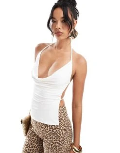 Kaiia Slinky Cowl Neck Tie Back Top In White For Women