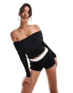 Kaiia Textured Bardot Fold Detail Long Sleeve Top In Black For Women
