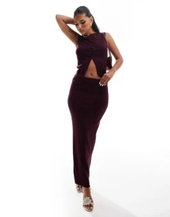 Kaiia Fine Knit Button Through Longline Waistcoat And Maxi Skirt Co-ord In Burgundy -Kaiia Online Shop 206859420 1 burgundy 1