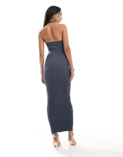 Kaiia Rib Knitted Halterneck Bodycon Maxi Dress In Charcoal For Women Dark Grey -Kaiia Online Shop 206859431 3