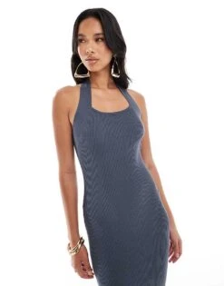 Kaiia Rib Knitted Halterneck Bodycon Maxi Dress In Charcoal For Women Dark Grey -Kaiia Online Shop 206859431 4