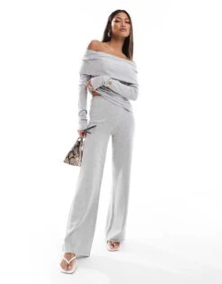 Kaiia Knitted Foldover Bardot Jumper & Flared Trouser Co-ord In Grey -Kaiia Online Shop 206859510 1 grey 1