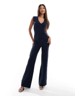 Kaiia Fine Cable Knit Wide Leg Trousers Co-ord In Navy For Women Blue -Kaiia Online Shop 206859511 1 blue 1