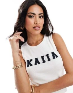 Kaiia Denim Applique Logo Longline Vest Top In White For Women